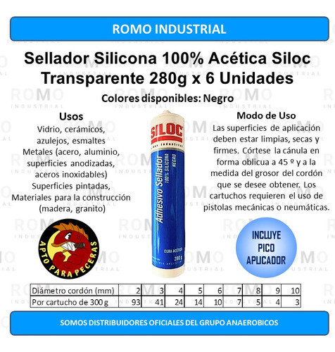 Adhesivo Siloc Silicona 100% Cura Acetica Negro 280g  X 6un 1
