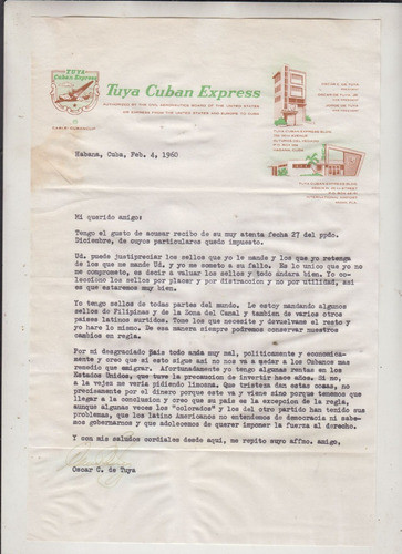 1960 Aerolinea Tuya Cuban Express Carta De Su Presidente 0