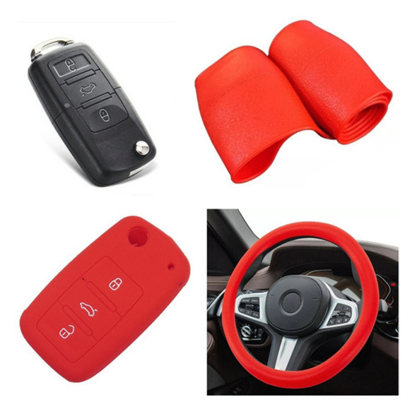 Cubre Volante + Funda Llave Silicona Volkswagen Fox - Rojo 0 Cubre Volante + Funda Llave Silicona Volkswagen Fox - Rojo 0