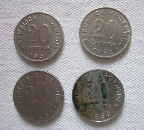 4 Monedas Antiguas Argentina 20 Centavos 1951 1952 1954 1955 0