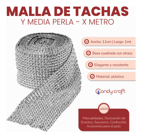 Malla De Tachas Y Media Perla X 1 Metro Decoración Artesanía 1
