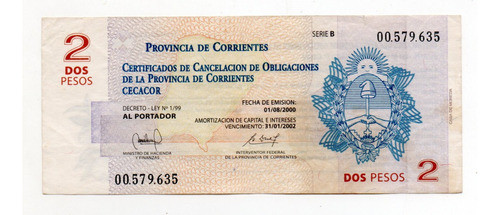 Bono De Emergencia Provincia Corrientes 2 Pesos Cecacor #311 0