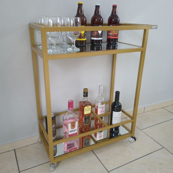 Carrinho De Bebidas Estilo Industrial Dourado Com Espelho 1