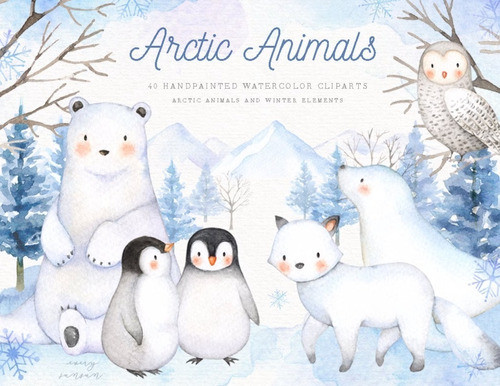 Kit Imagenes Png Animales Artico Invierno Frío Acuarela Es52 0