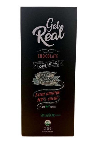 Barra De Chocolate Amargo Get Real X 70 G 100% Sin Azucar 0