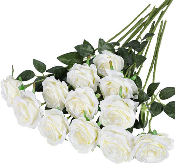 12 Rosas De Seda Artificiales Con Tallo Largo - Blanco 0