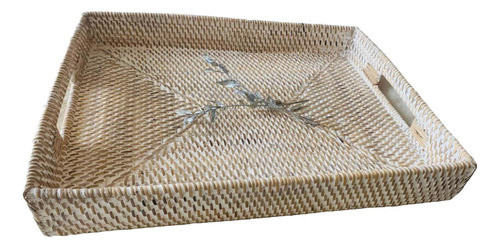 Bandeja De Rattan Blanco Rectangular Con Agarradera 40x30 Cm 0