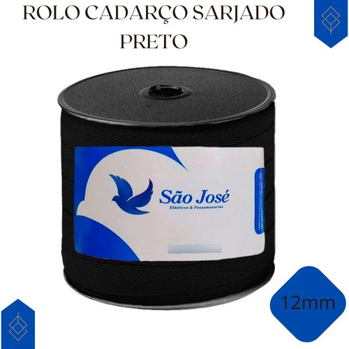 Rolo Cadarço Sarjado Preto 12 Mm - Rl 50 Mts - 100% Algodão 1