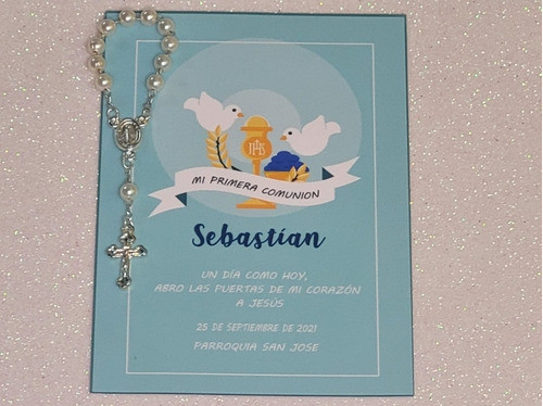 Tarjetas Estampitas Recuerdo De  Comunión Con Mini Rosario 1