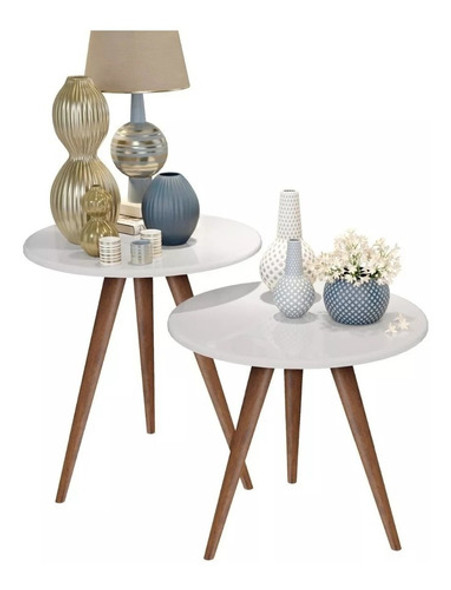 Mesa De Canto Pé Palito Tripe Redonda Conjunto -  Branco 0