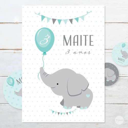 Kit Imprimible Elefante Bebe Verde Agua Editable Tukit 1