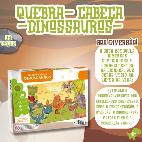 Quebra Cabeça Infantil Madeira 30 Peças Grandes Dinossauros 1