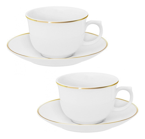 Kit 2 Xícaras Chá Porcelana Flamingo Branca 240ml Sofia Ouro 0