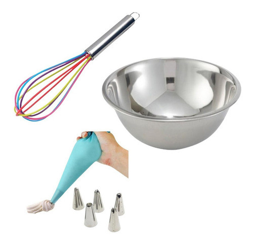 Set Reposteria Bowl Acero Batir + Batidor + Manga Silicona 0