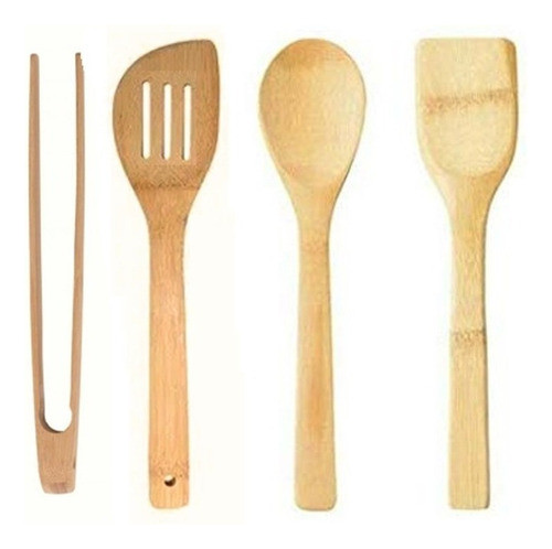 Set Utensilios De Cocina Madera Bambú Cuchara Pinza 4 Piezas 0