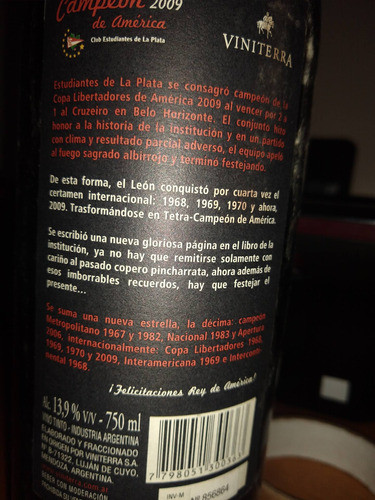 Botella Vino Copa Libertadores 2009 Estudiantes De La Plata 1