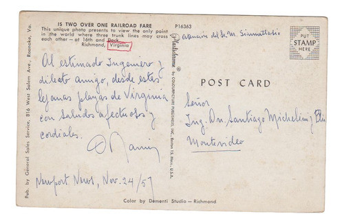 1957 Postal Cruce 3 Lineas Ferrocarril Richmond Virginia Usa 1