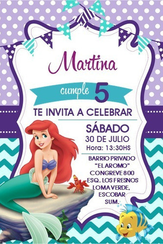 Invitacion Impresa Ariel La Sirenita X20 Personalizada 14x9 1