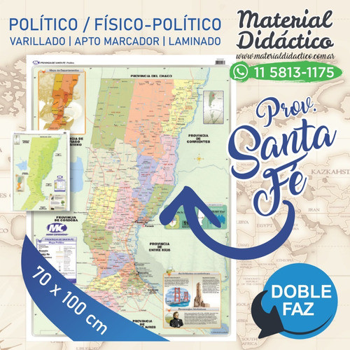 Mapa Mural Prov Santa Fé (doble Faz) Laminado 70x100cm 1