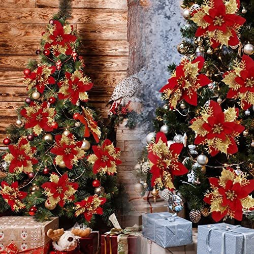 15 Flores Artificiales Para Navidad Rojas Y Doradas 1