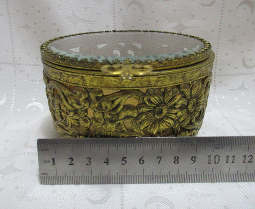 Antiguo Alhajero Art Nouveau Bronce Calado Cristal Biselado 1