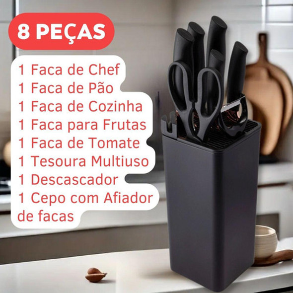 Kit Facas Inox 8 Peças Com Cepo E Tesoura Cozinha Moderna 1