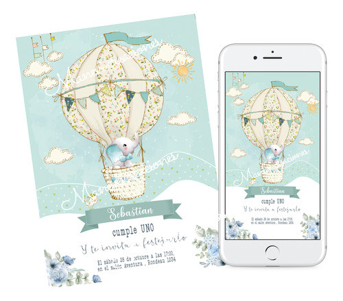 Kit Imprimible Elefante En Globo Aerostatico Textos Editable 0