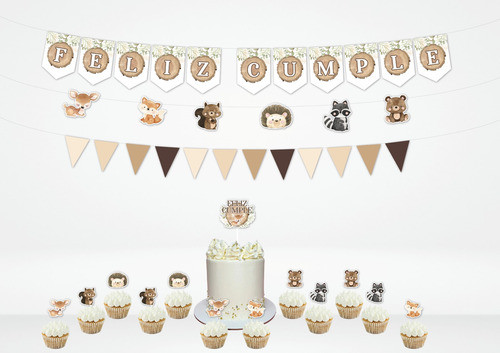 Set Cumple Banderin Topper Torta Cupcake Animales Del Bosque 1