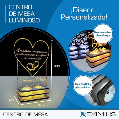 Centro De Mesa Luminoso Led Pack X10 Personalizado Boda 1