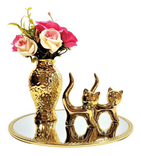 Kit 1 Vasinho + Bandeja + 2 Gatinhos   Dourado + Planta 1