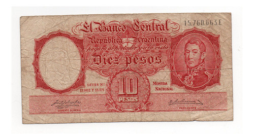 Billete Argentina 10 Pesos Moneda Nacional Bottero 1959 0