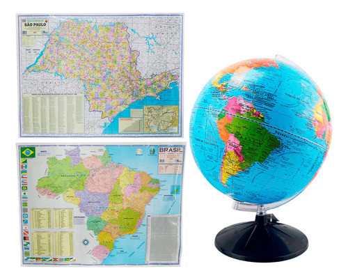 Kit Mapas Brasil E Sâo Paulo + Globo Terrestre 30cm Escolar 0