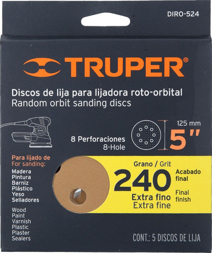 Disco Lija Con Velcro 5'' Lijadora Orbital Grano 240 Truper 1