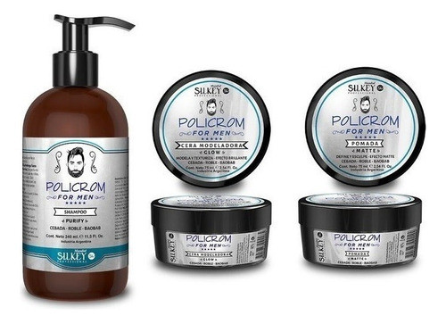 Kit Barberia Cera Gel Pomada Shampoo Balsamo Policrom Silkey 0
