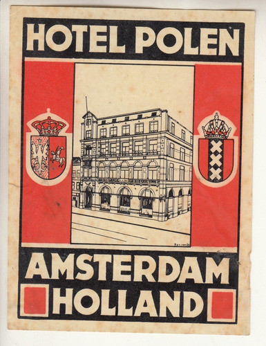 Antiguo Sticker Luggage Del Hotel Polen Amsterdam Holanda 0