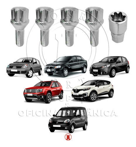 Kit 04 Parafuso Roda + Chave Antifurto 12x1,5m Sandero Logan 1