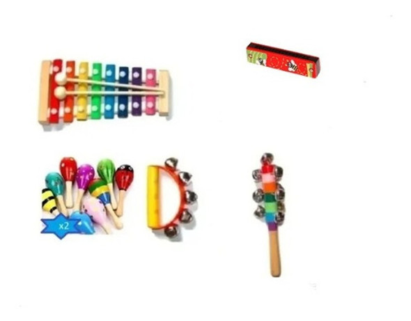 Kit De Percusión Infantil Color X6 Armónica Maracas Cascabel 0