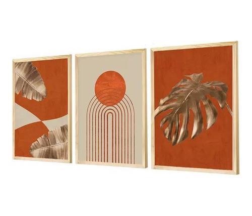 Kit 3 Quadros Folhagens Laranja Boho 43x63cm - Hugart 0