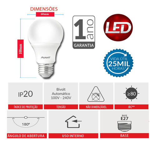 Kit 15 Lâmpada Pera Led 9w Branco Quente Casa Comércio Avant 1
