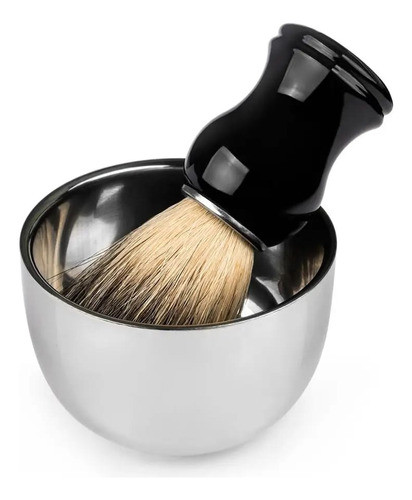 Kit Cumbuca Inox + Pincel De Barbear Preto 0