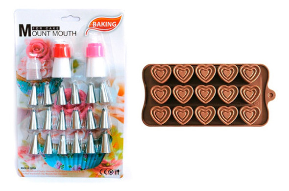 Kit Pasteleria Molde Corazon Silicona + Set X24u Boquillas 0