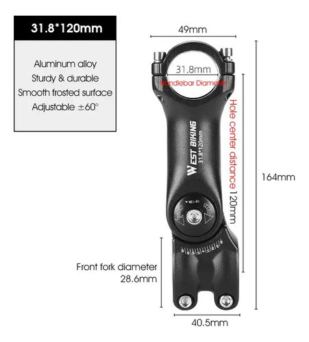 Avance Bicicleta Regulable 31.8x85mm Ajustab +/- 30° Stem 1