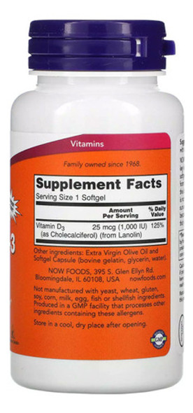 Nowfoods Vitamina D3 1.000ui Vit D-3 360 Softs  +porta Caps 1