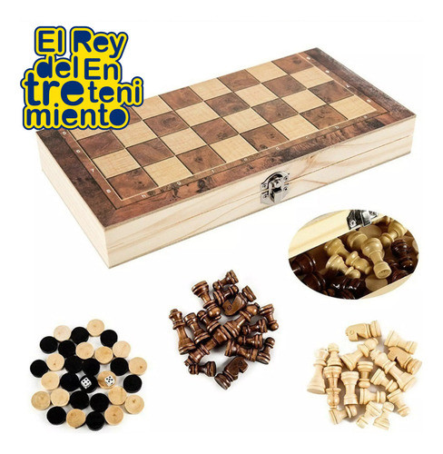 Juego De Mesa 3en1 Madera Ajedrez Damas Backgammon - El Rey 1