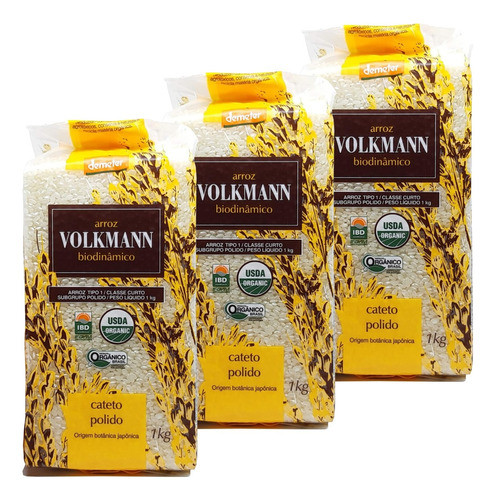 3 X Arroz Cateto Polido Orgânico Biodinâmico 1kg - Volkmann 0