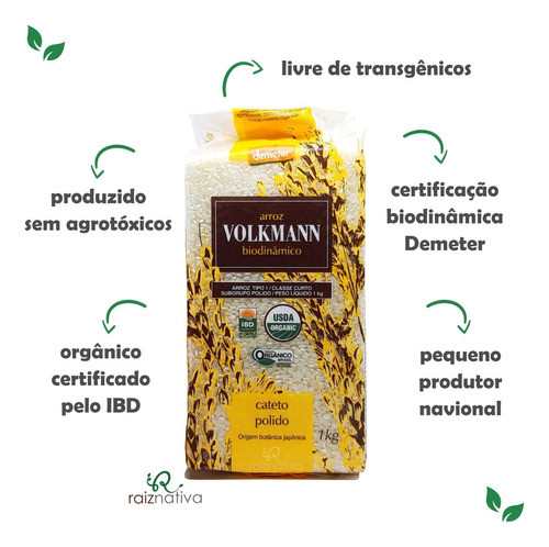 3 X Arroz Cateto Polido Orgânico Biodinâmico 1kg - Volkmann 1