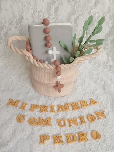 Adorno Torta Comunión Biblia Rosario Canasta Porcelana Fria 0