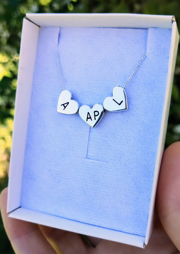 Cadena Con 3 Dijes Corazones Pasantes Con Grabado Plata 925 1