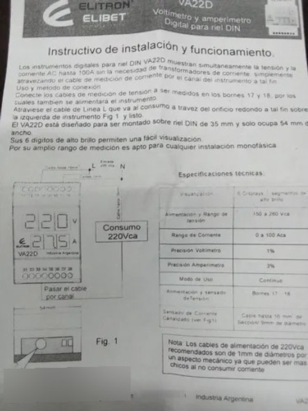 Voltimetro Amperimetro Digital Monofasico Din Elibet Va22d 1
