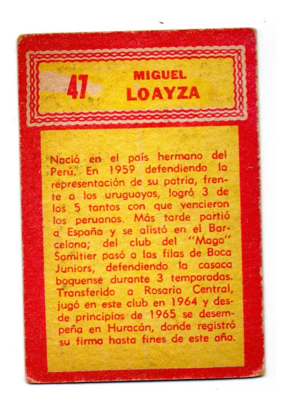 Huracán Soccer Card Golazo 1965 No. 47 - Loayza Figurine (Used) Vintage Collectible